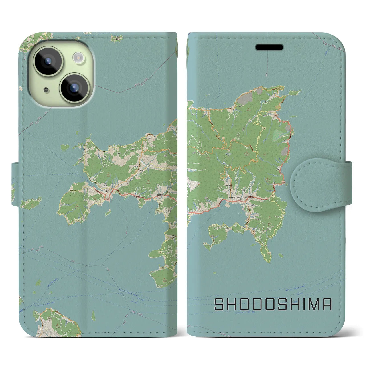 【小豆島】地図柄iPhoneケース（手帳両面タイプ・ナチュラル）iPhone 15 用