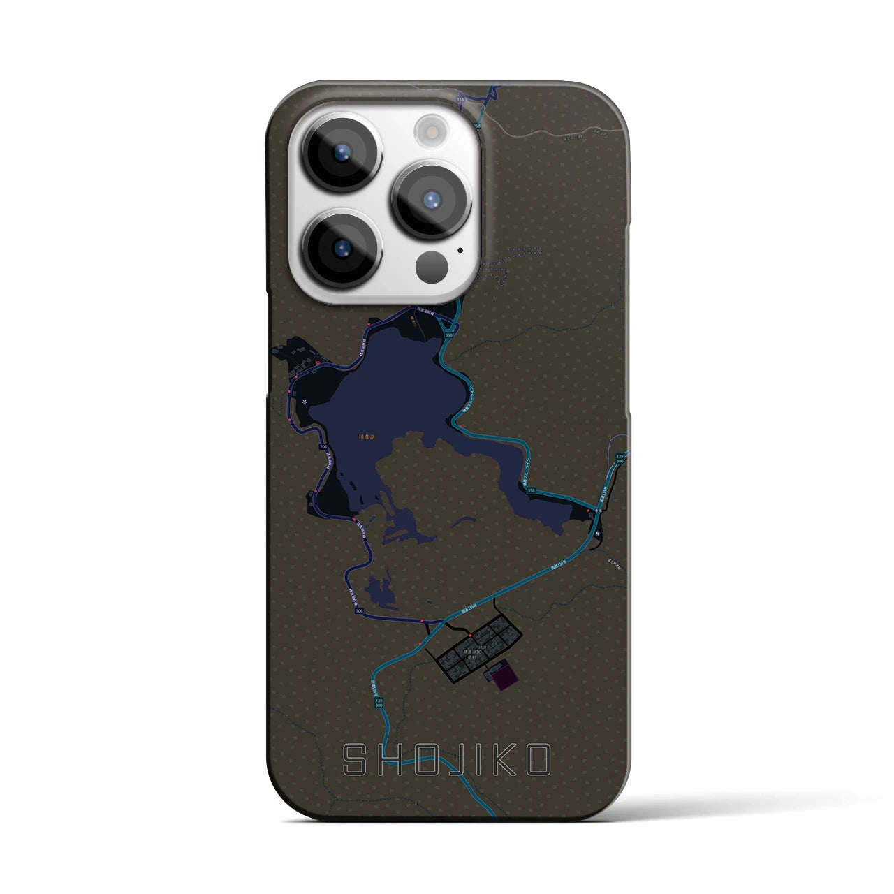 【精進湖】地図柄iPhoneケース（バックカバータイプ・ブラック）iPhone 14 Pro 用