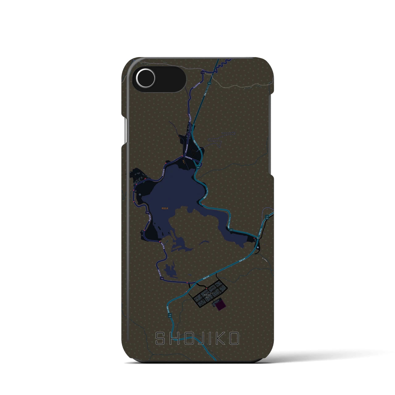 【精進湖】地図柄iPhoneケース（バックカバータイプ・ブラック）iPhone SE（第3 / 第2世代） / 8 / 7 / 6s / 6 用