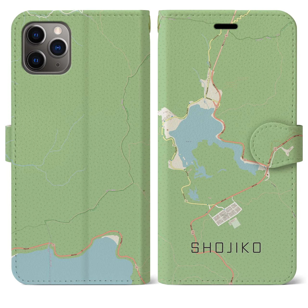 【精進湖】地図柄iPhoneケース（手帳両面タイプ・ナチュラル）iPhone 11 Pro Max 用