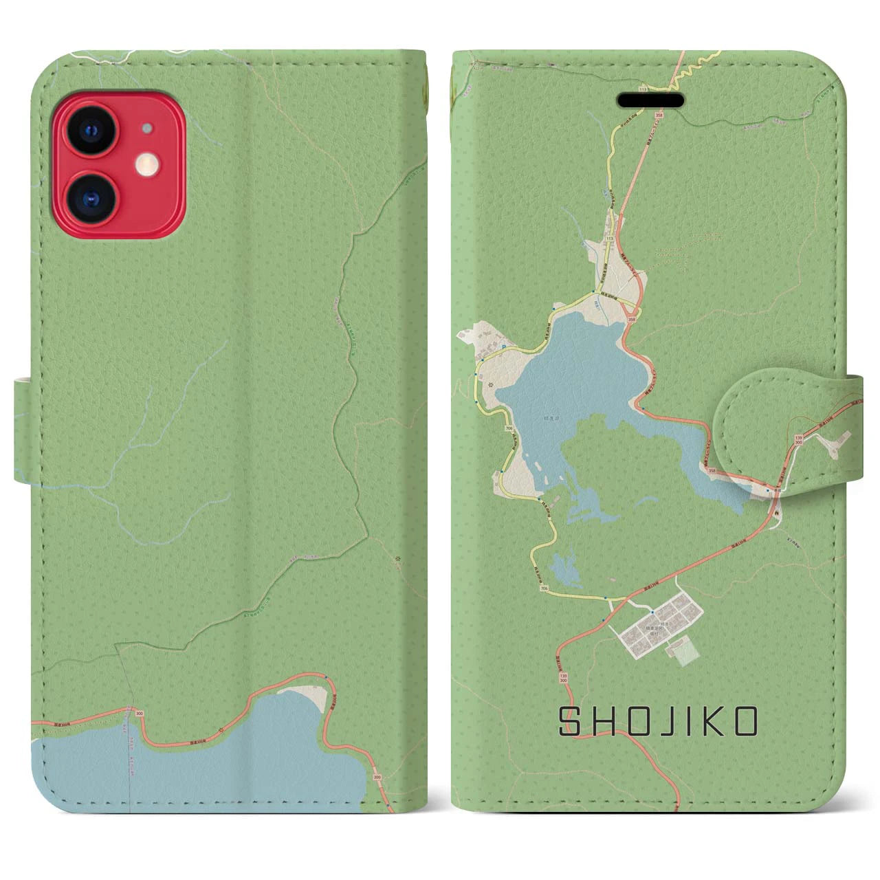 【精進湖】地図柄iPhoneケース（手帳両面タイプ・ナチュラル）iPhone 11 用