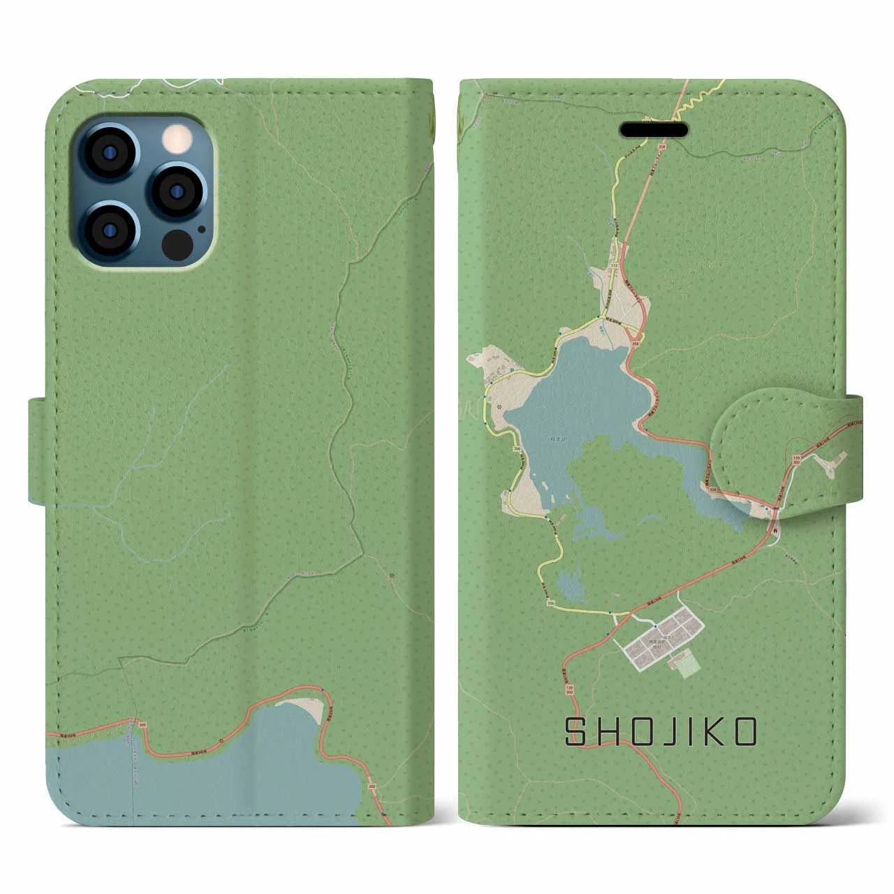 【精進湖】地図柄iPhoneケース（手帳両面タイプ・ナチュラル）iPhone 12 / 12 Pro 用