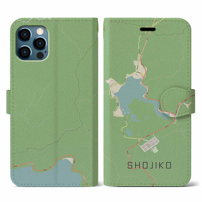 【精進湖（山梨県）】地図柄iPhoneケース（手帳タイプ）ナチュラル・iPhone 12 / 12 Pro 用