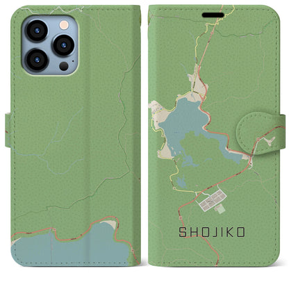 【精進湖（山梨県）】地図柄iPhoneケース（手帳タイプ）ナチュラル・iPhone 13 Pro Max 用