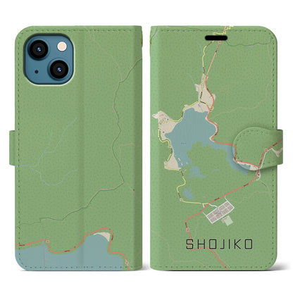 【精進湖（山梨県）】地図柄iPhoneケース（手帳タイプ）ナチュラル・iPhone 13 用