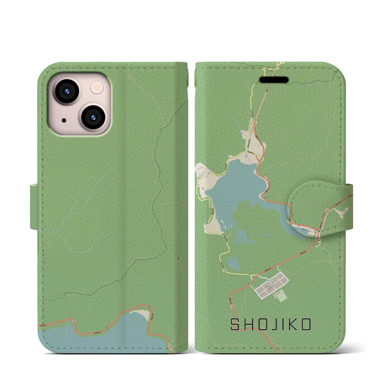 【精進湖】地図柄iPhoneケース（手帳両面タイプ・ナチュラル）iPhone 13 mini 用