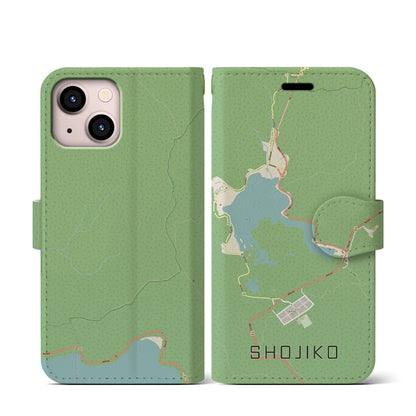 【精進湖（山梨県）】地図柄iPhoneケース（手帳タイプ）ナチュラル・iPhone 13 mini 用
