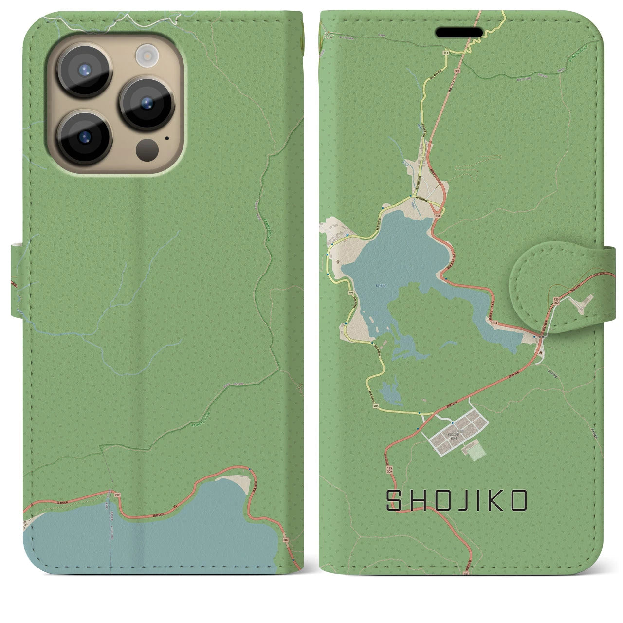 【精進湖】地図柄iPhoneケース（手帳両面タイプ・ナチュラル）iPhone 14 Pro Max 用