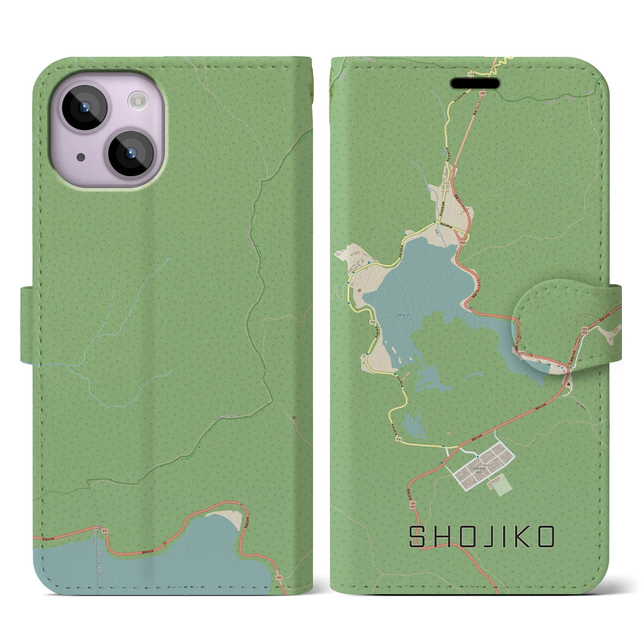【精進湖】地図柄iPhoneケース（手帳両面タイプ・ナチュラル）iPhone 14 用