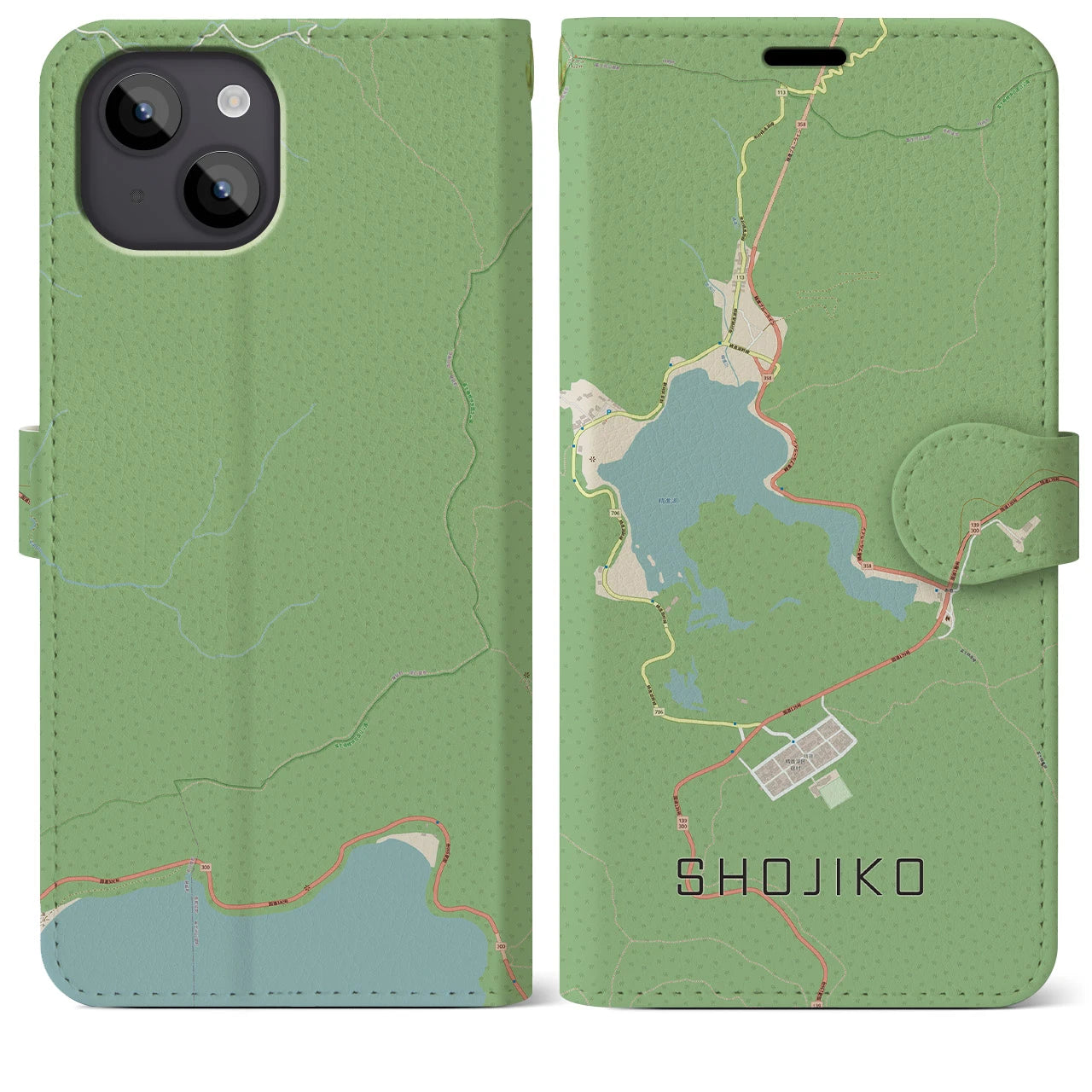 【精進湖】地図柄iPhoneケース（手帳両面タイプ・ナチュラル）iPhone 14 Plus 用