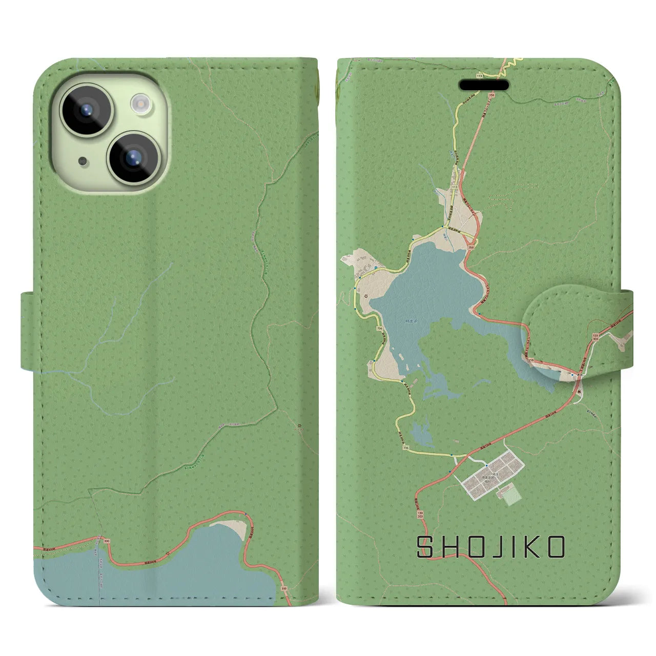 【精進湖】地図柄iPhoneケース（手帳両面タイプ・ナチュラル）iPhone 15 用