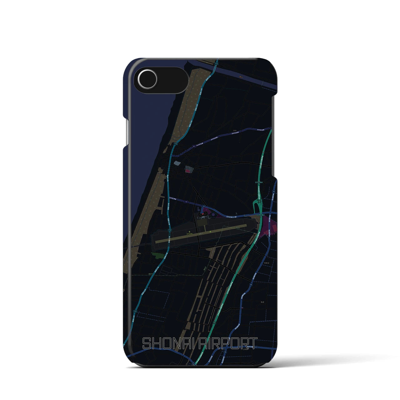 【庄内空港】地図柄iPhoneケース（バックカバータイプ・ブラック）iPhone SE（第3 / 第2世代） / 8 / 7 / 6s / 6 用