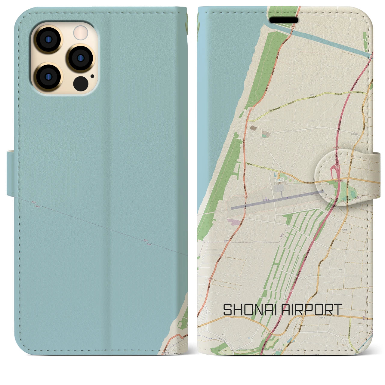 【庄内空港】地図柄iPhoneケース（手帳両面タイプ・ナチュラル）iPhone 12 Pro Max 用