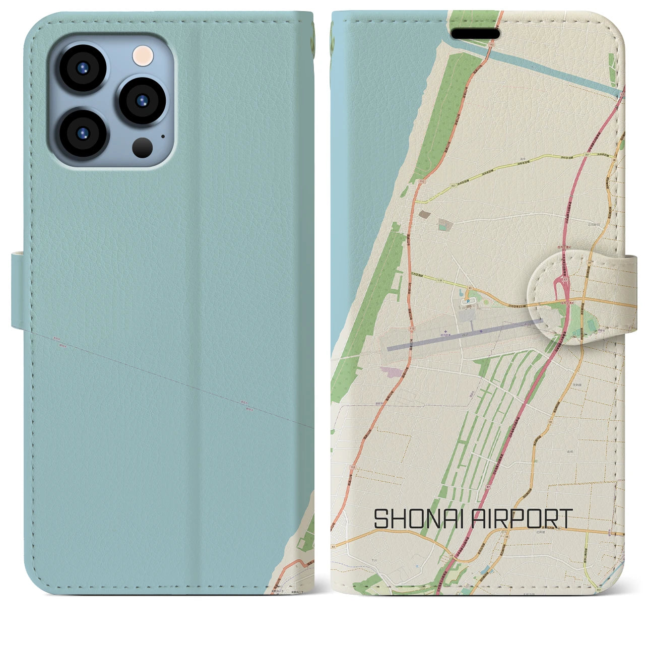 【庄内空港】地図柄iPhoneケース（手帳両面タイプ・ナチュラル）iPhone 13 Pro Max 用
