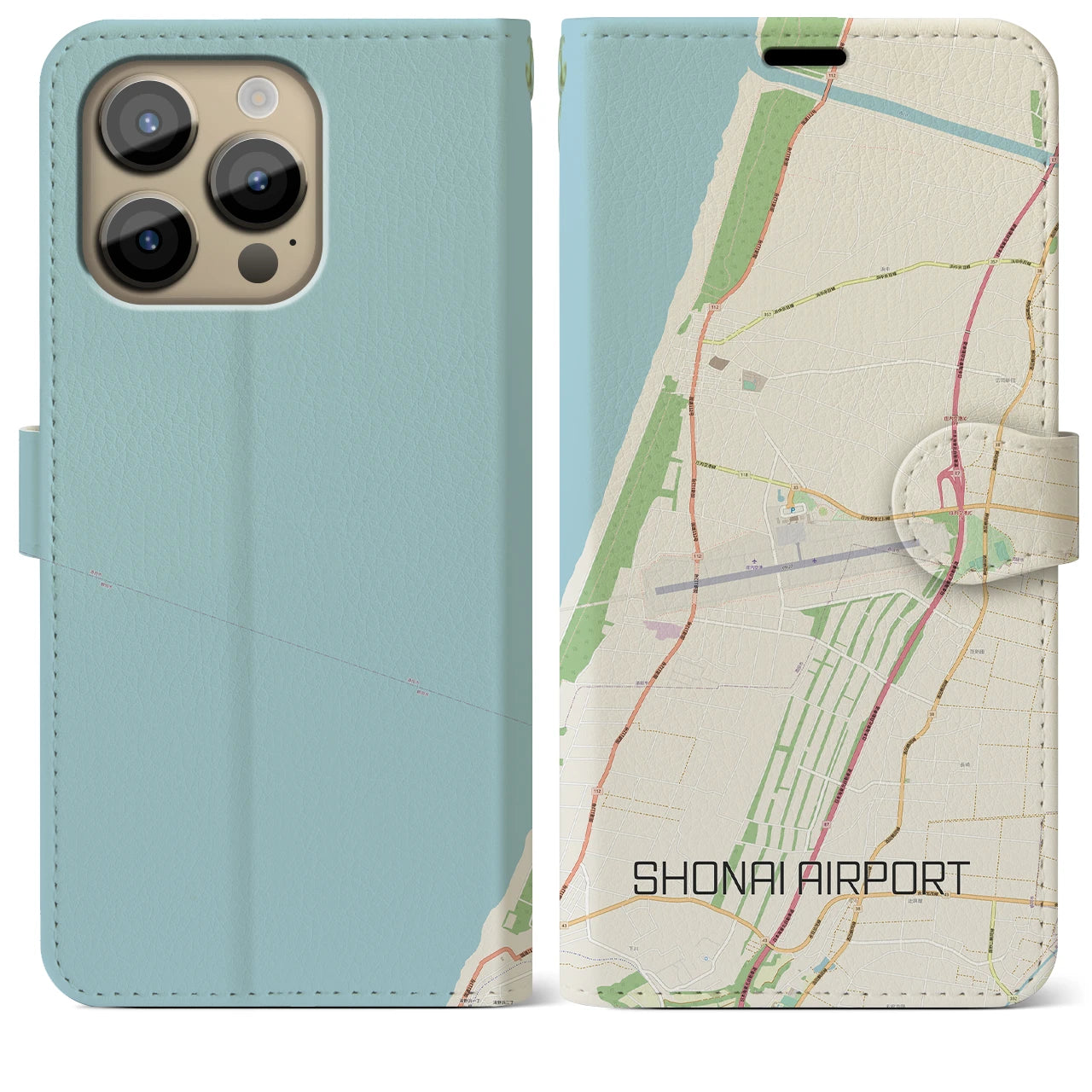 【庄内空港】地図柄iPhoneケース（手帳両面タイプ・ナチュラル）iPhone 14 Pro Max 用