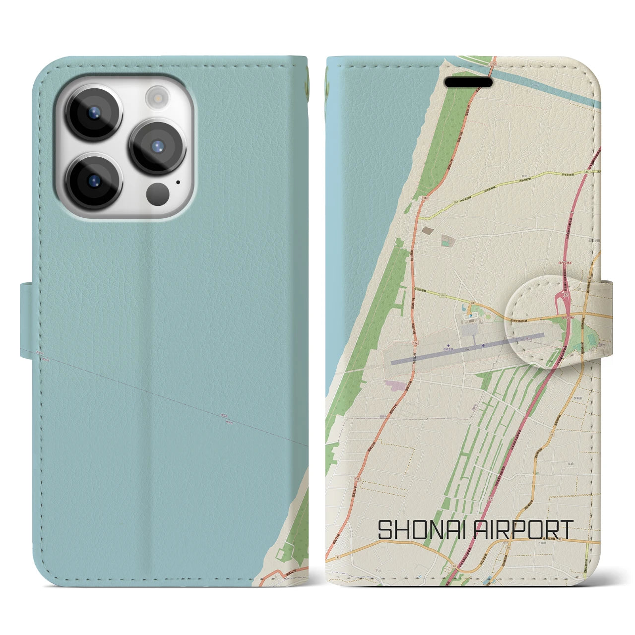 【庄内空港】地図柄iPhoneケース（手帳両面タイプ・ナチュラル）iPhone 14 Pro 用