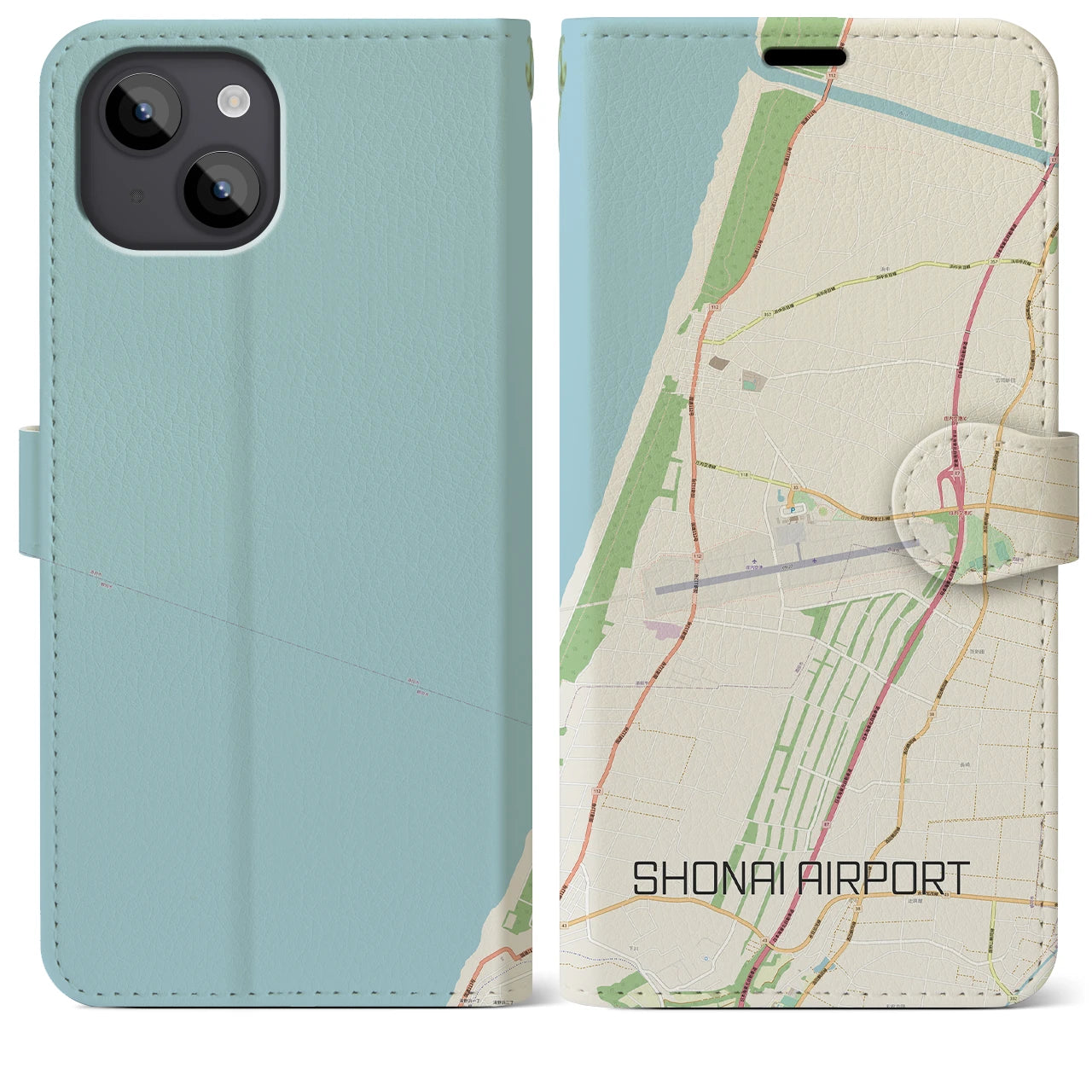 【庄内空港】地図柄iPhoneケース（手帳両面タイプ・ナチュラル）iPhone 14 Plus 用