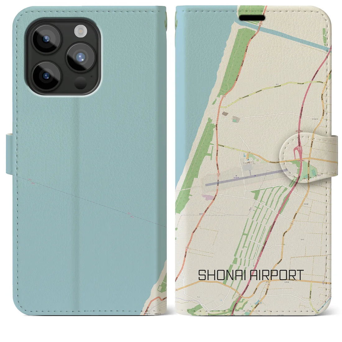【庄内空港】地図柄iPhoneケース（手帳両面タイプ・ナチュラル）iPhone 15 Pro Max 用