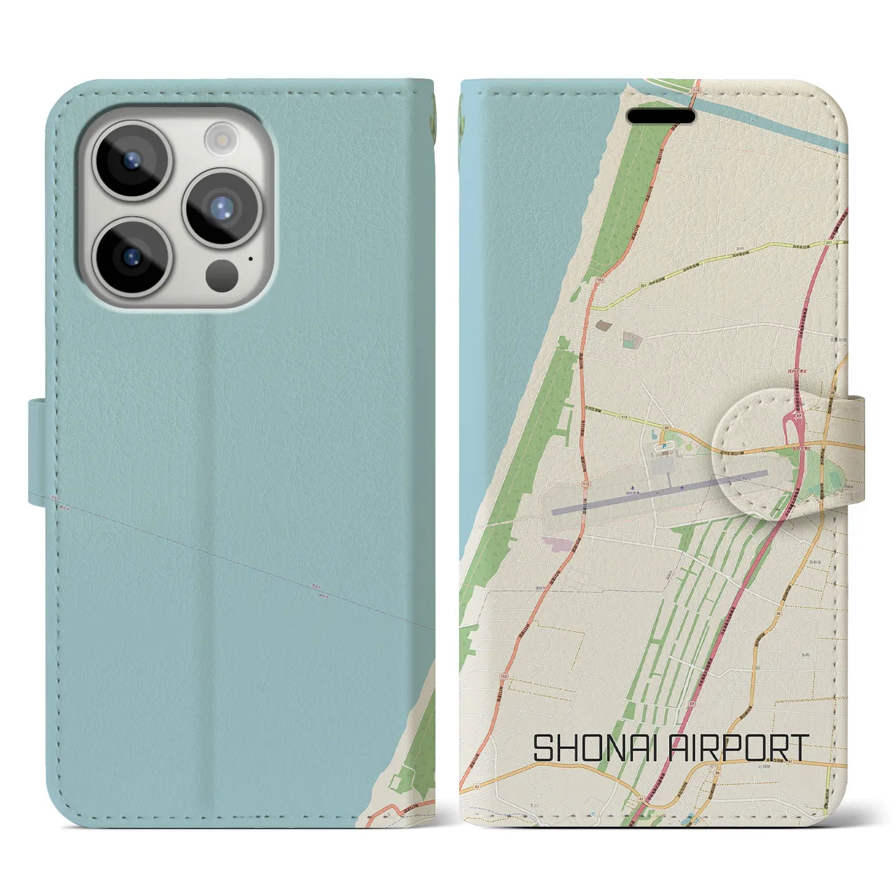【庄内空港】地図柄iPhoneケース（手帳両面タイプ・ナチュラル）iPhone 15 Pro 用