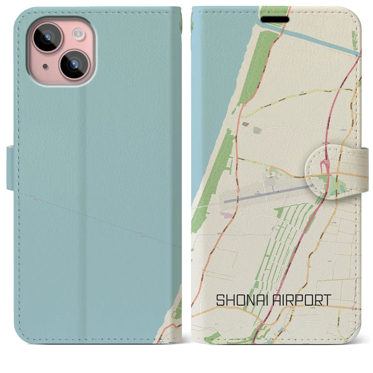【庄内空港】地図柄iPhoneケース（手帳両面タイプ・ナチュラル）iPhone 15 Plus 用
