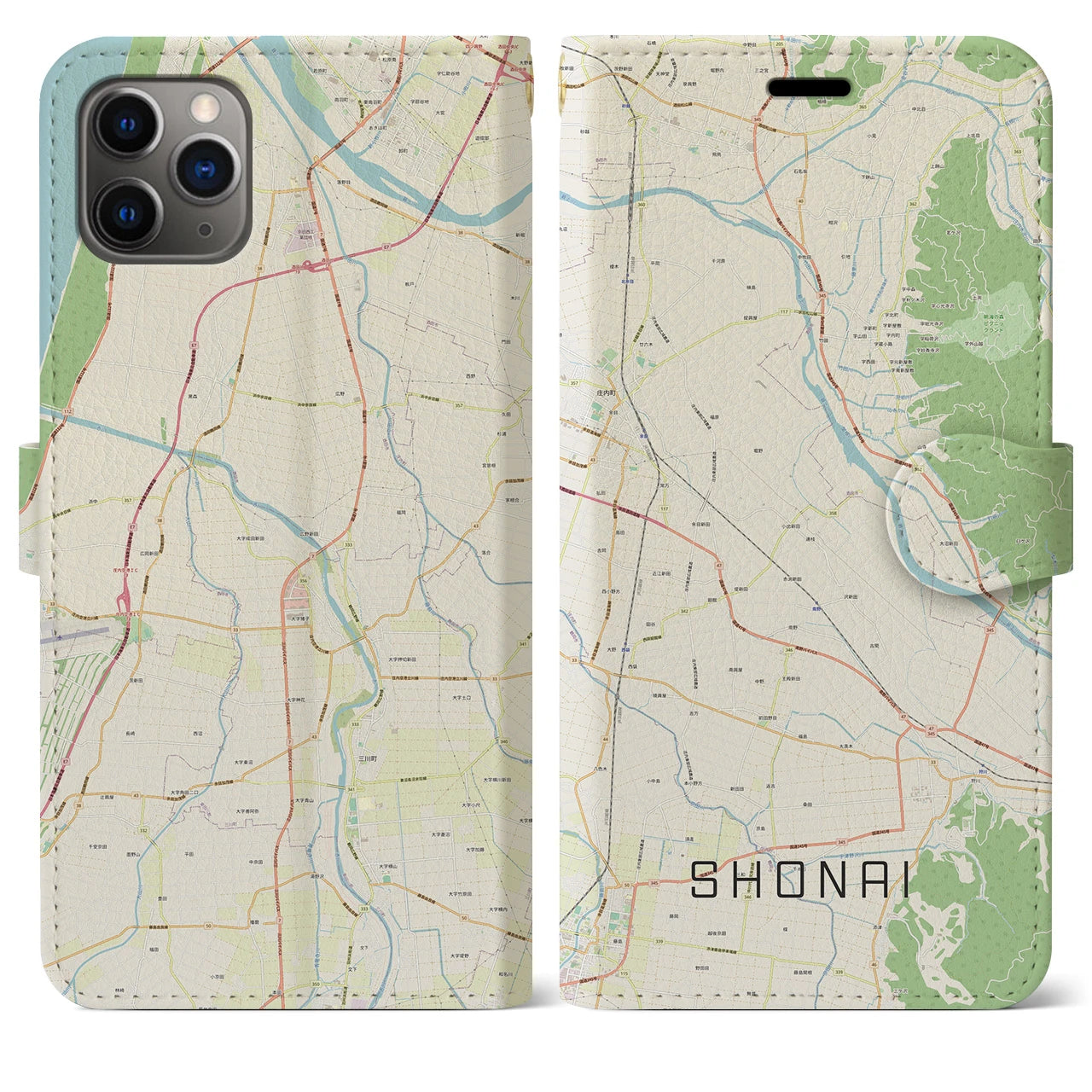【庄内】地図柄iPhoneケース（手帳両面タイプ・ナチュラル）iPhone 11 Pro Max 用