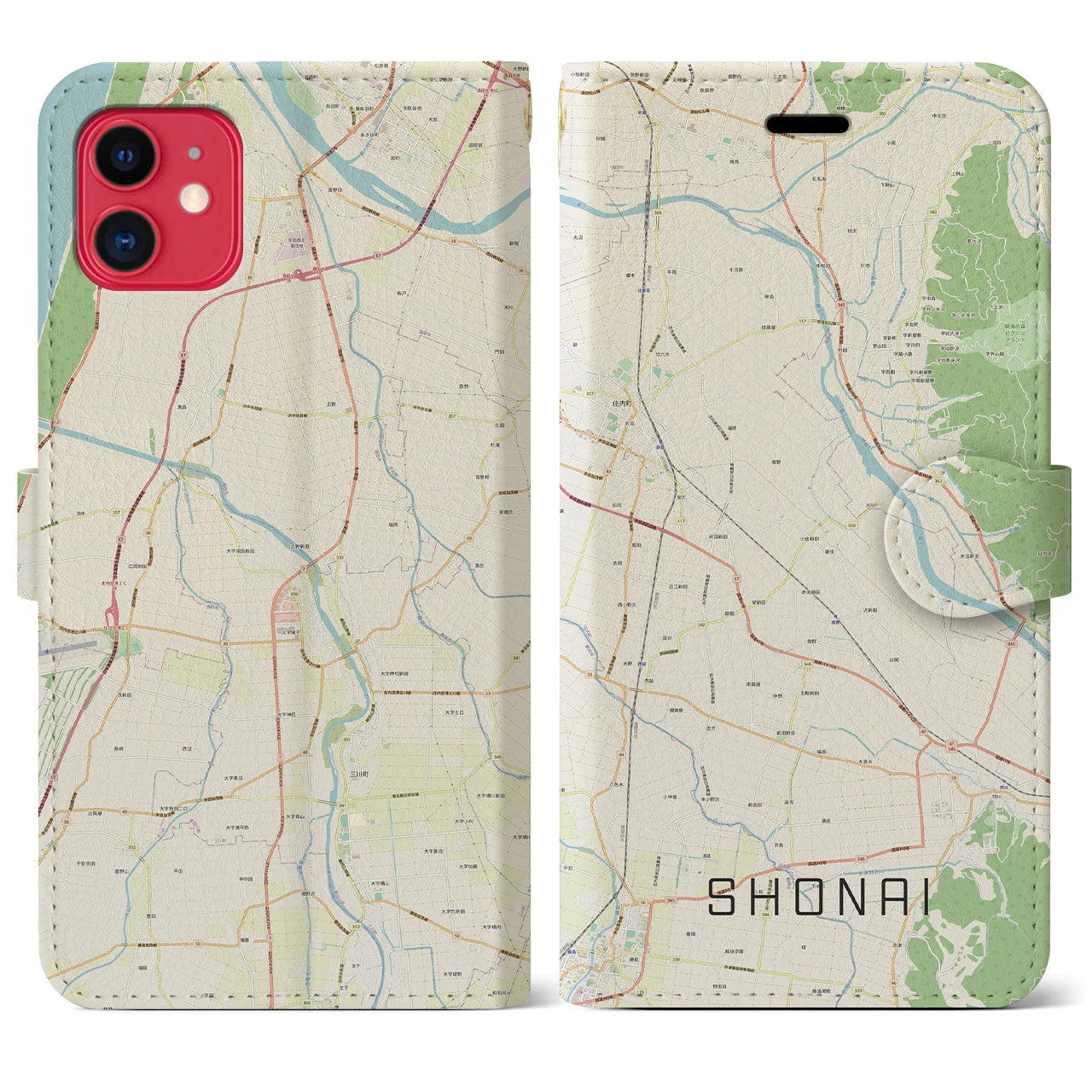 【庄内】地図柄iPhoneケース（手帳両面タイプ・ナチュラル）iPhone 11 用