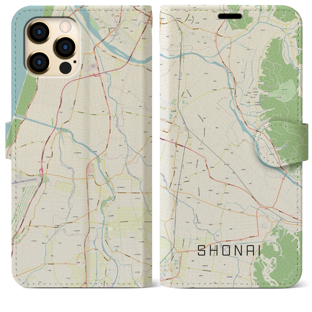 【庄内】地図柄iPhoneケース（手帳両面タイプ・ナチュラル）iPhone 12 Pro Max 用