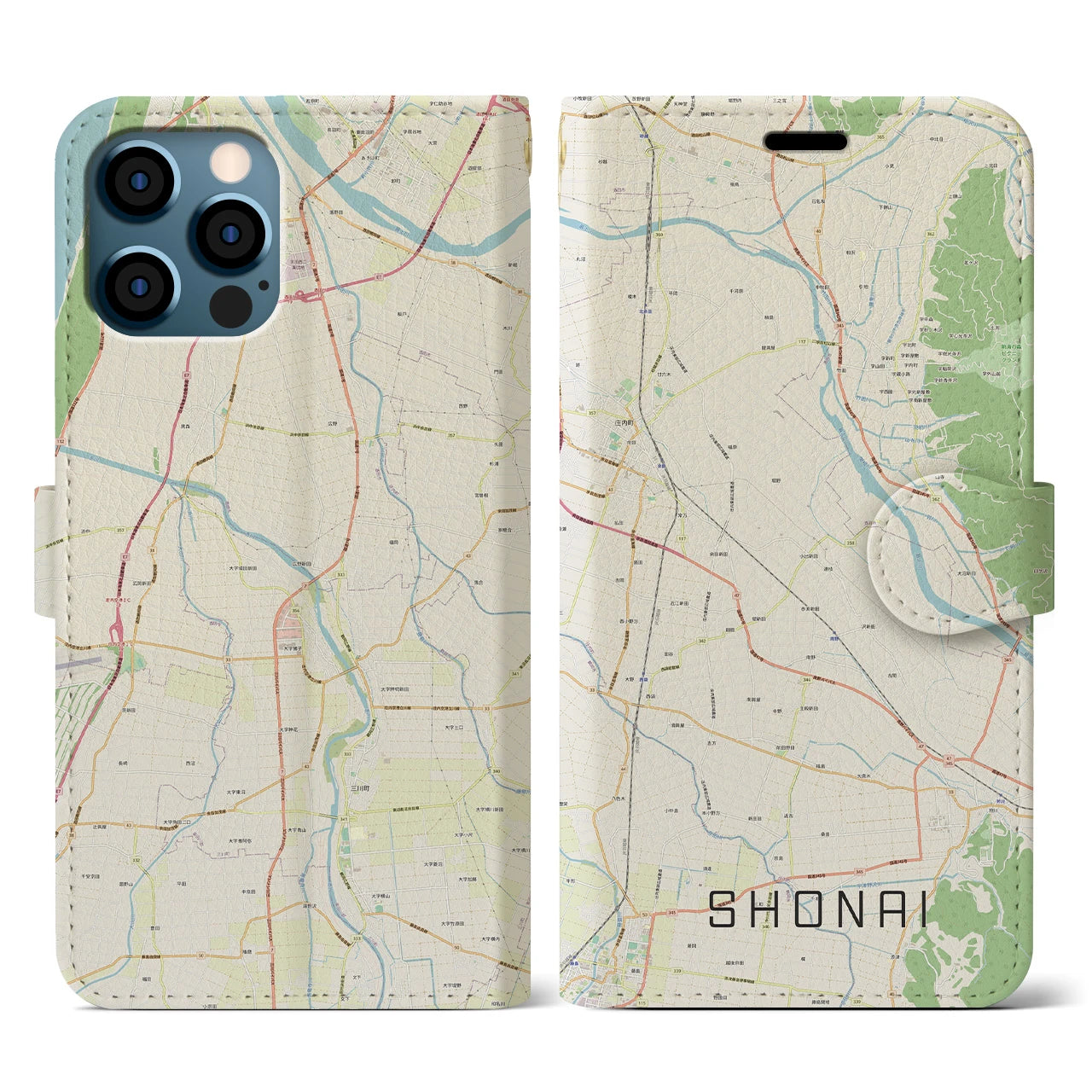 【庄内】地図柄iPhoneケース（手帳両面タイプ・ナチュラル）iPhone 12 / 12 Pro 用