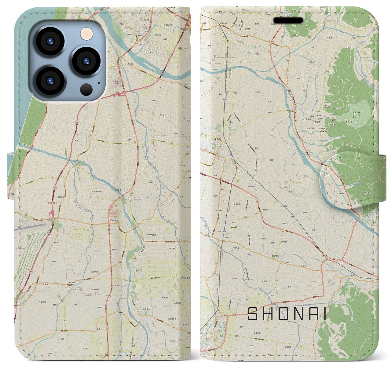 【庄内】地図柄iPhoneケース（手帳両面タイプ・ナチュラル）iPhone 13 Pro Max 用