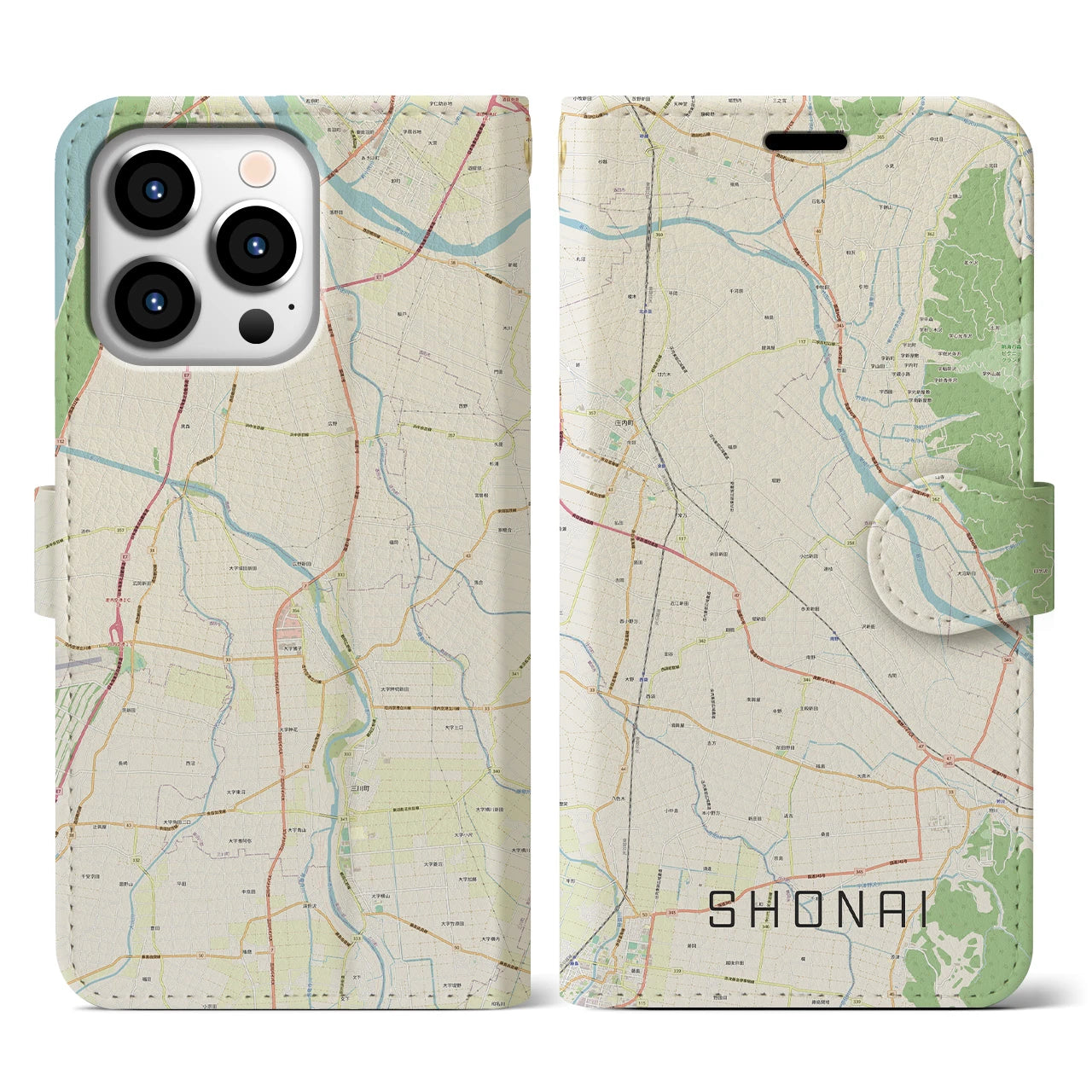 【庄内】地図柄iPhoneケース（手帳両面タイプ・ナチュラル）iPhone 13 Pro 用