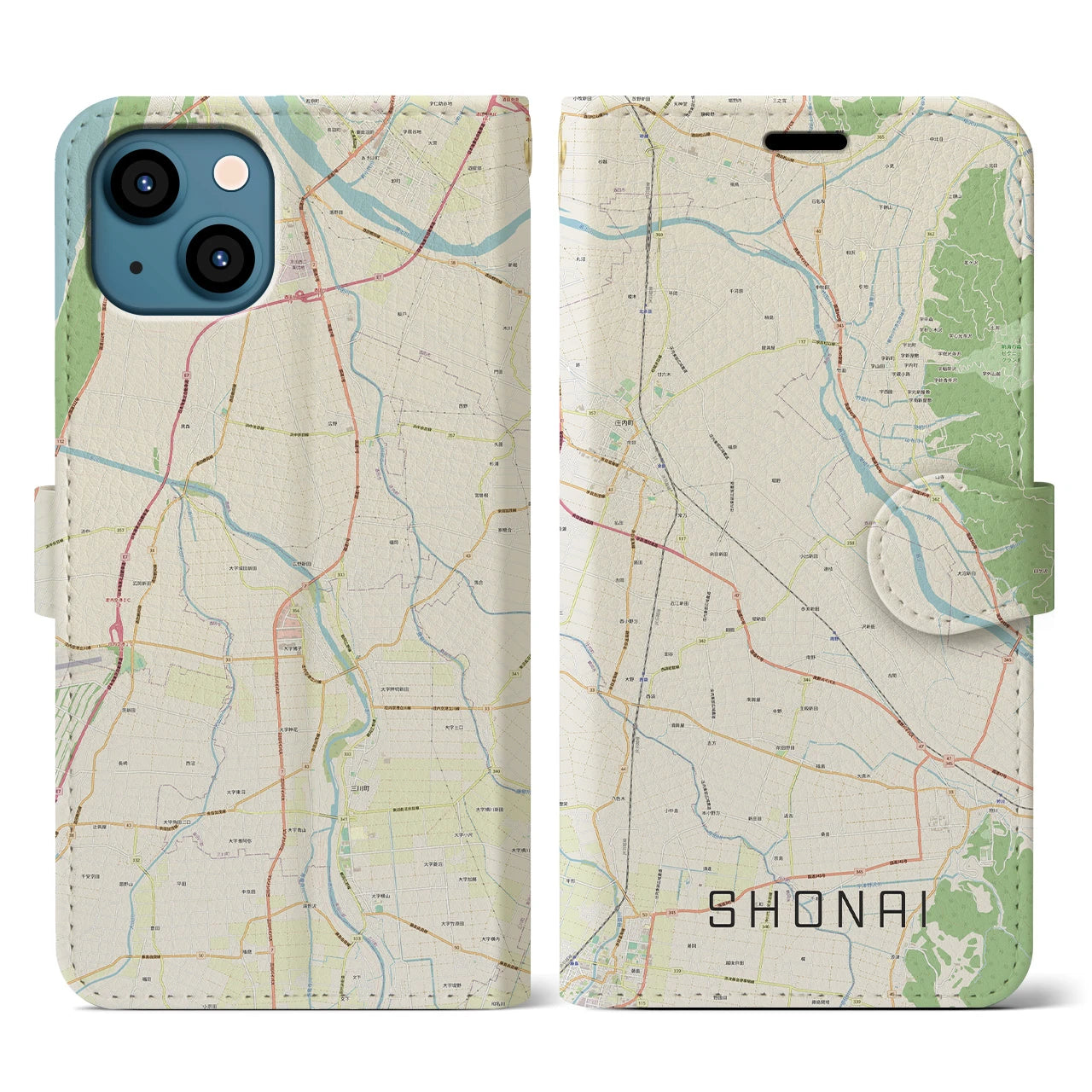 【庄内】地図柄iPhoneケース（手帳両面タイプ・ナチュラル）iPhone 13 用
