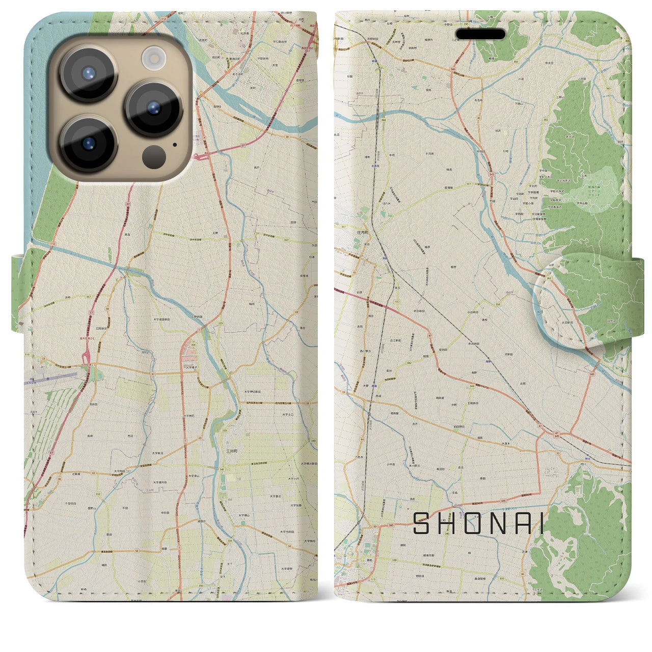 【庄内】地図柄iPhoneケース（手帳両面タイプ・ナチュラル）iPhone 14 Pro Max 用