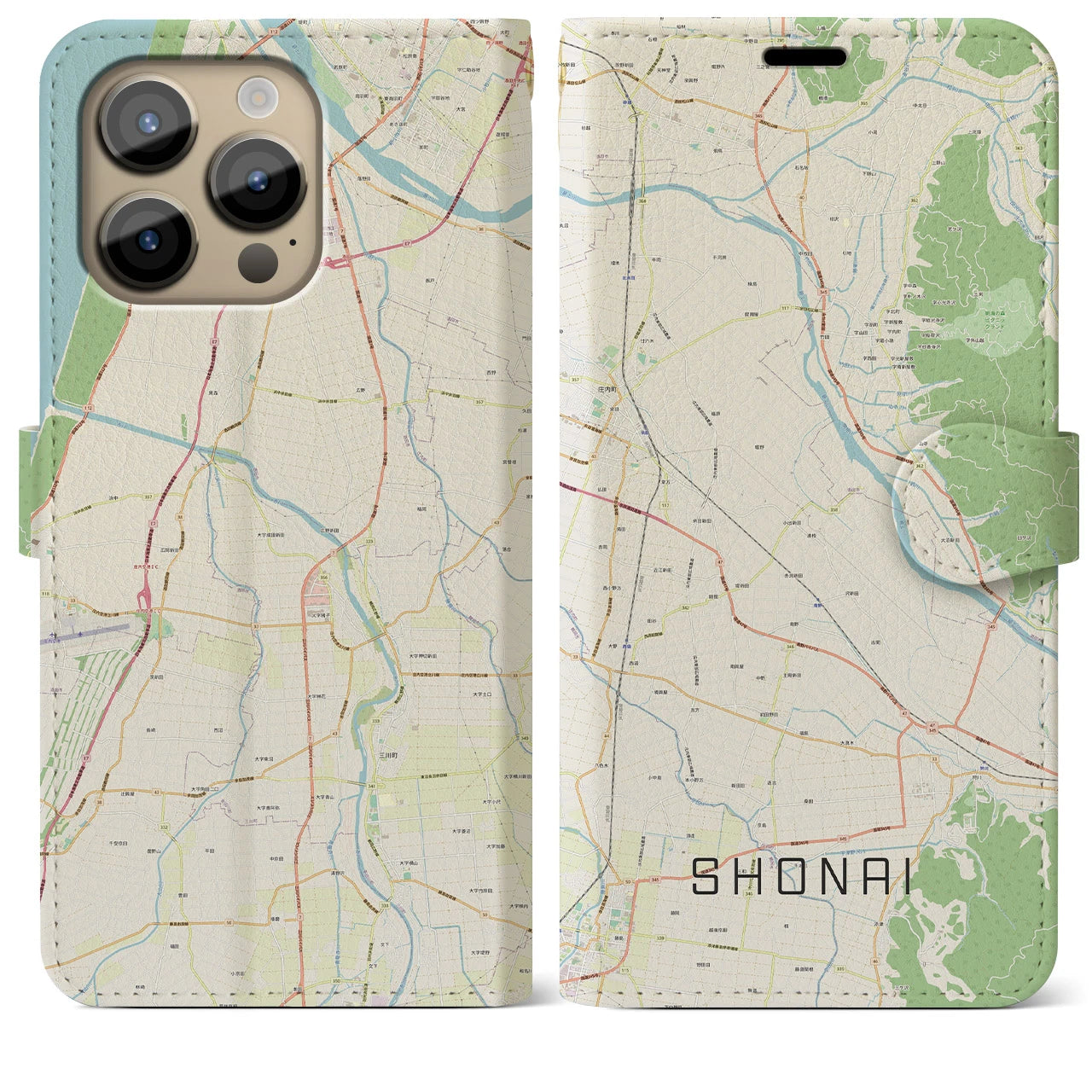 【庄内（山形県）】地図柄iPhoneケース（手帳タイプ）ナチュラル・iPhone 14 Pro Max 用