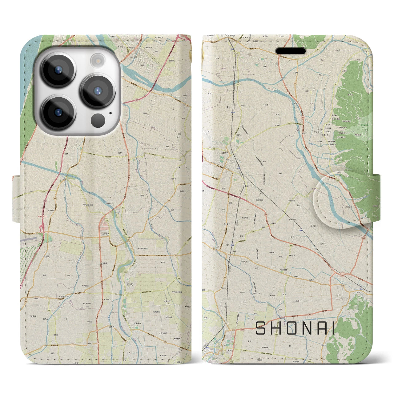 【庄内】地図柄iPhoneケース（手帳両面タイプ・ナチュラル）iPhone 14 Pro 用