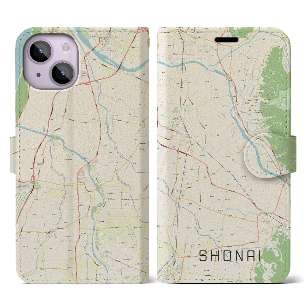 【庄内】地図柄iPhoneケース（手帳両面タイプ・ナチュラル）iPhone 14 用
