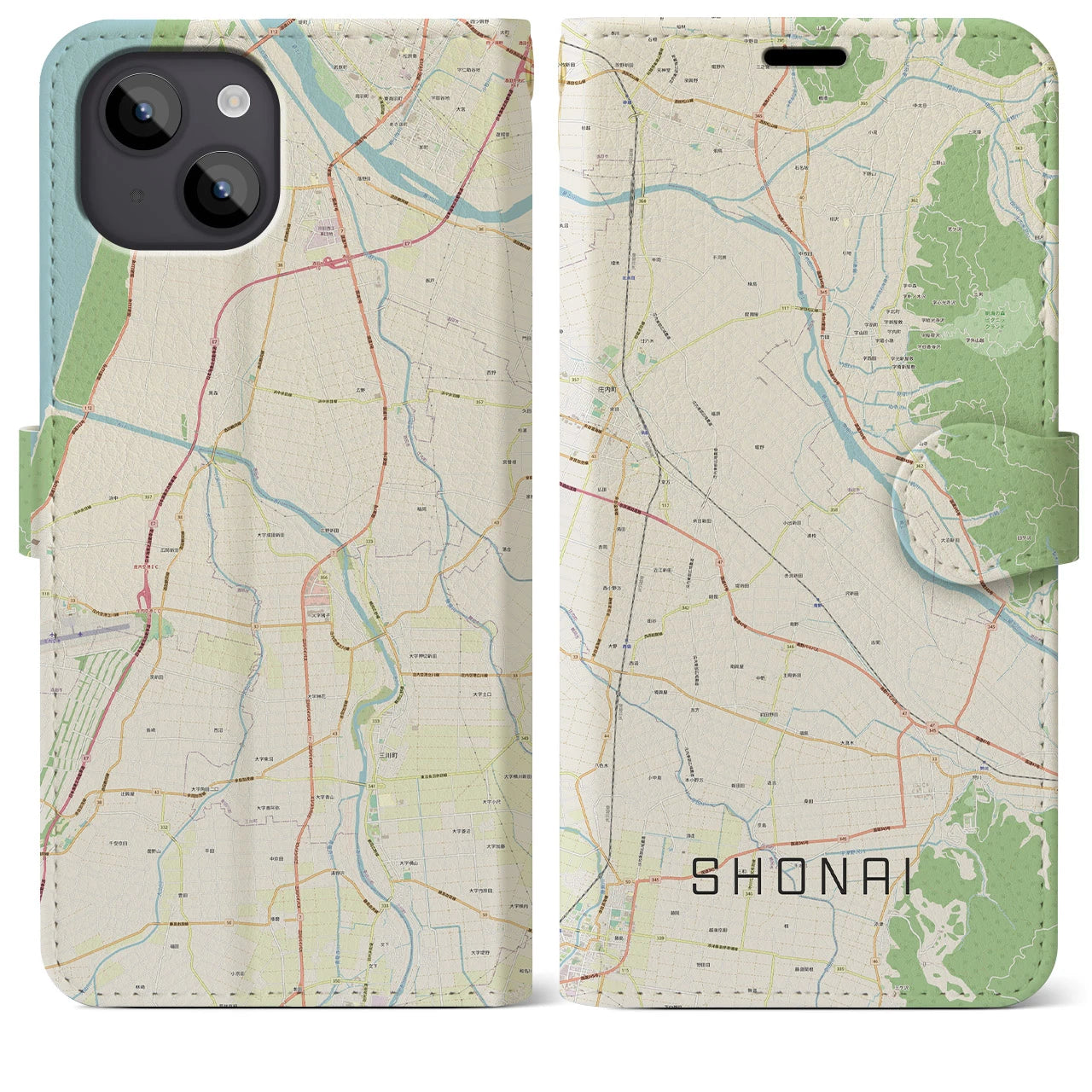 【庄内】地図柄iPhoneケース（手帳両面タイプ・ナチュラル）iPhone 14 Plus 用