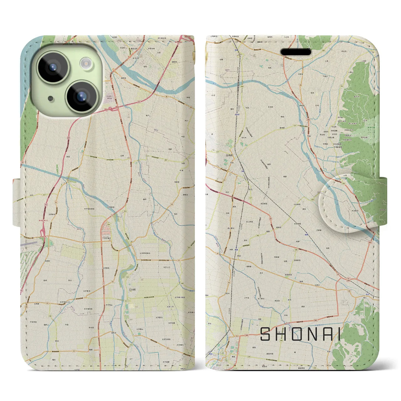 【庄内】地図柄iPhoneケース（手帳両面タイプ・ナチュラル）iPhone 15 用