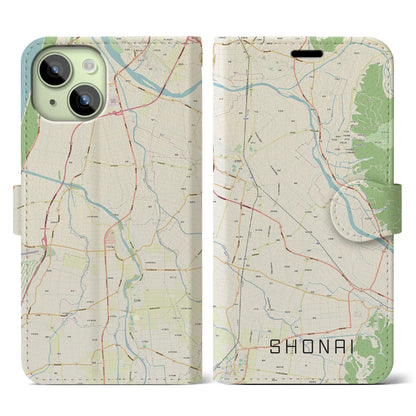 【庄内（山形県）】地図柄iPhoneケース（手帳タイプ）ナチュラル・iPhone 15 用