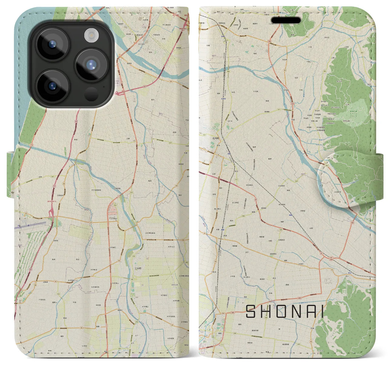 【庄内】地図柄iPhoneケース（手帳両面タイプ・ナチュラル）iPhone 15 Pro Max 用