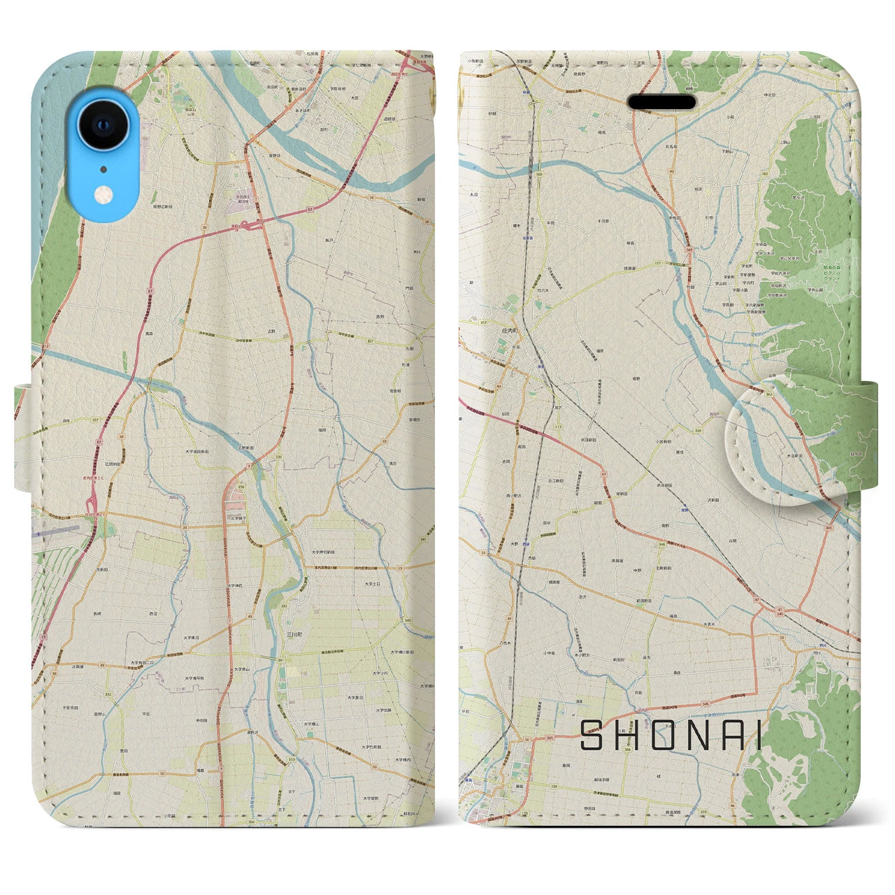 【庄内】地図柄iPhoneケース（手帳両面タイプ・ナチュラル）iPhone XR 用