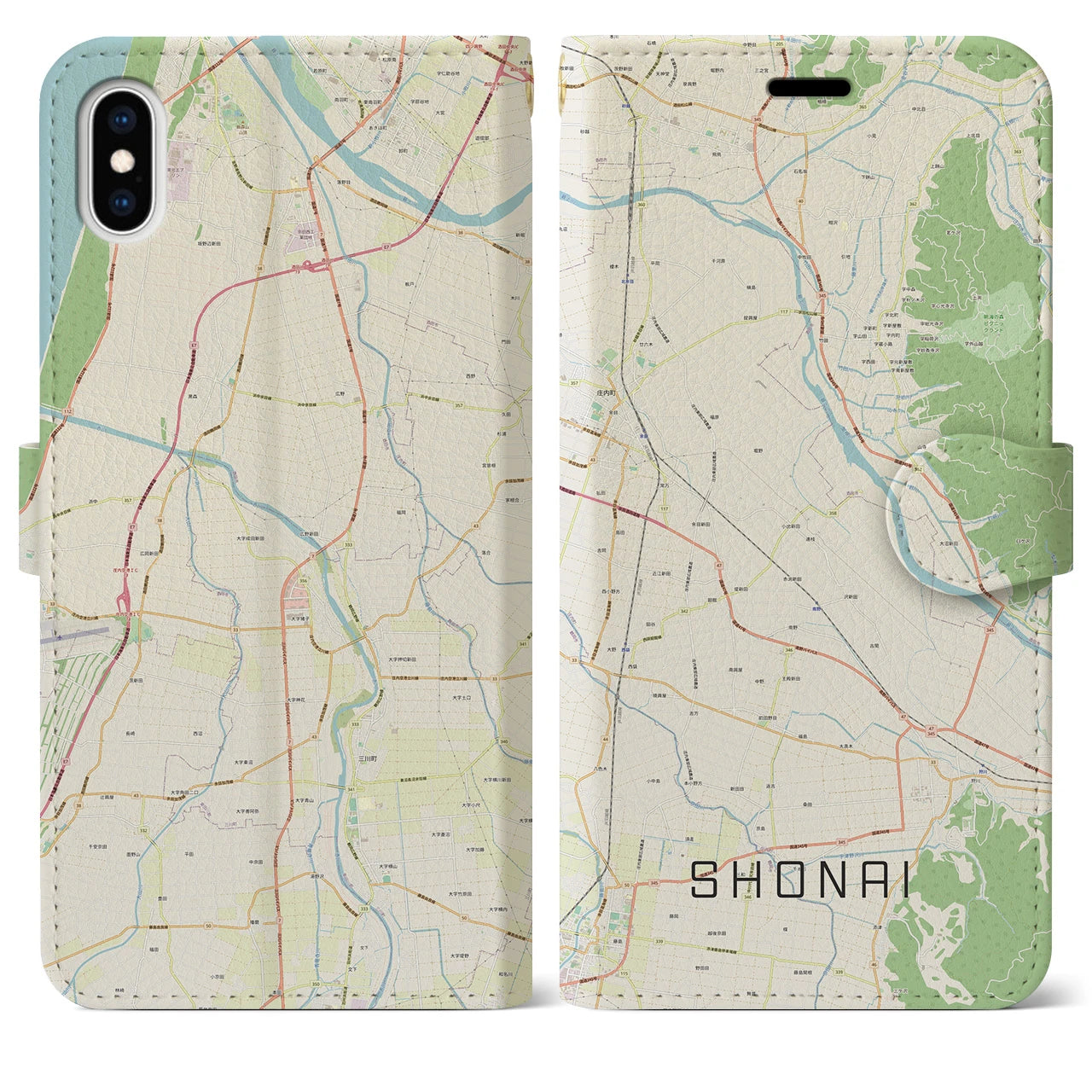【庄内】地図柄iPhoneケース（手帳両面タイプ・ナチュラル）iPhone XS Max 用