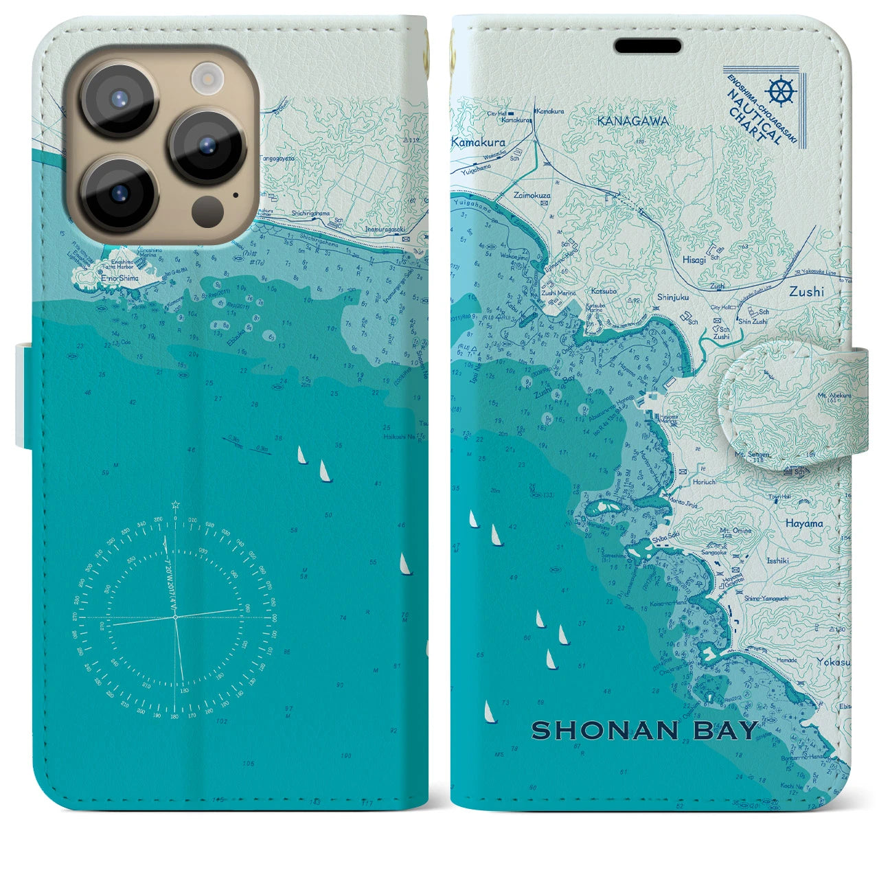 【湘南海岸】地図柄iPhoneケース（手帳両面タイプ・ブルー）iPhone 14 Pro Max 用