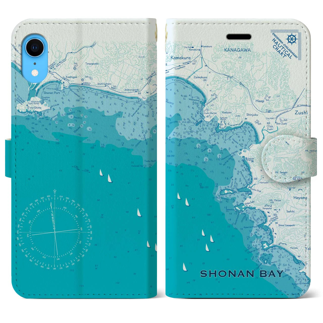 【湘南海岸】地図柄iPhoneケース（手帳両面タイプ・ブルー）iPhone XR 用