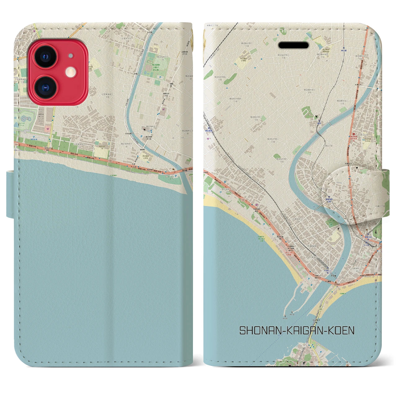 【湘南海岸公園】地図柄iPhoneケース（手帳両面タイプ・ナチュラル）iPhone 11 用