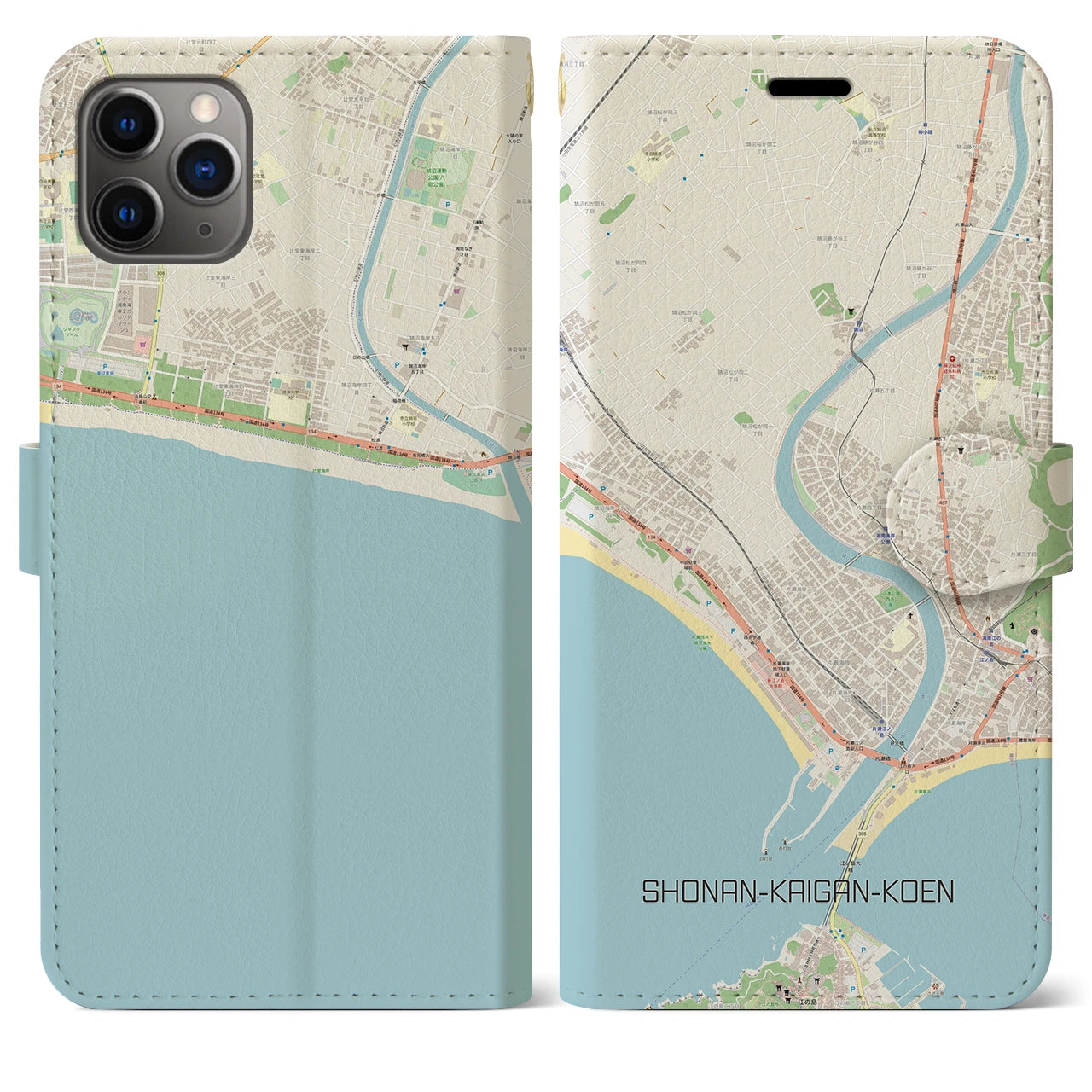 【湘南海岸公園】地図柄iPhoneケース（手帳両面タイプ・ナチュラル）iPhone 11 Pro Max 用