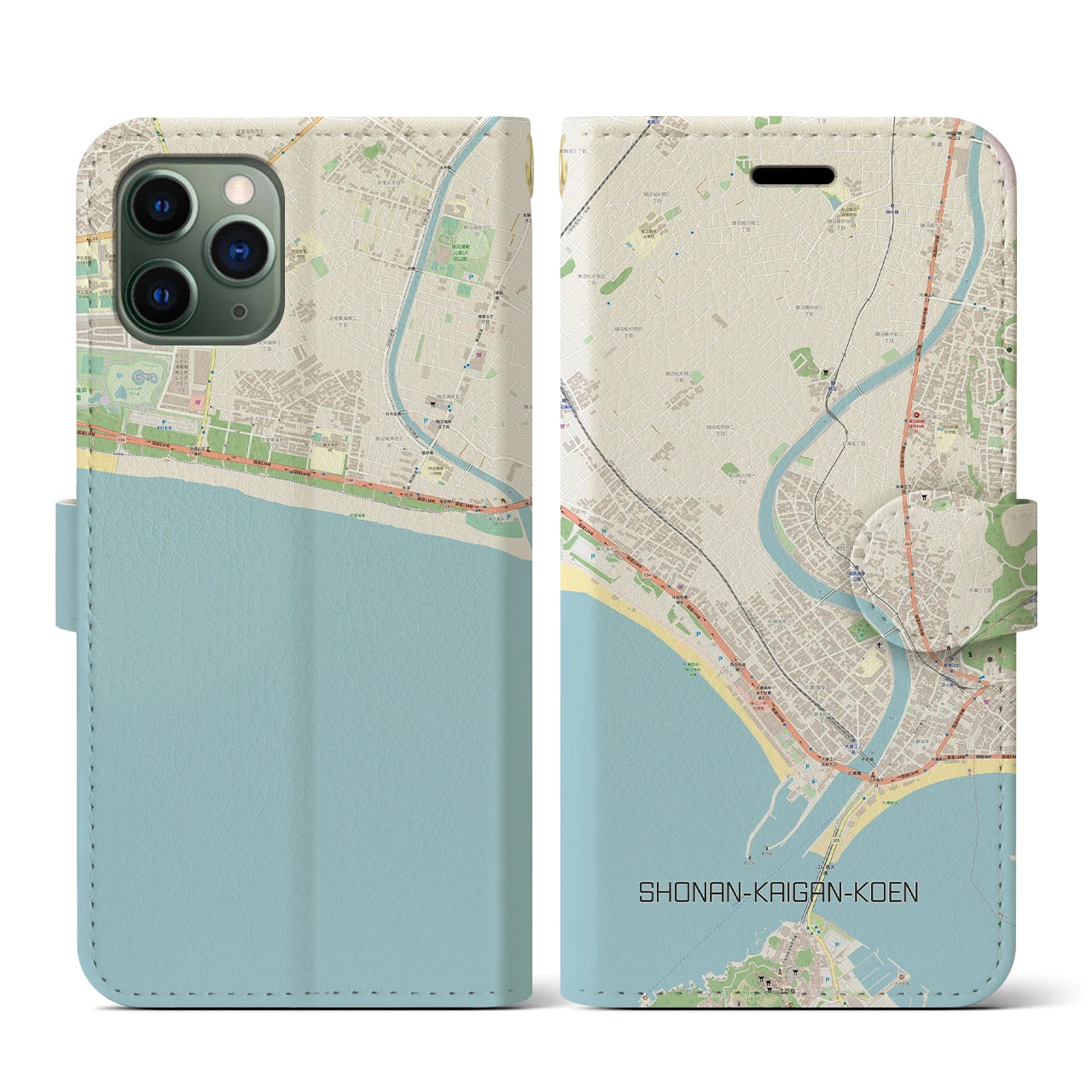 【湘南海岸公園】地図柄iPhoneケース（手帳両面タイプ・ナチュラル）iPhone 11 Pro 用