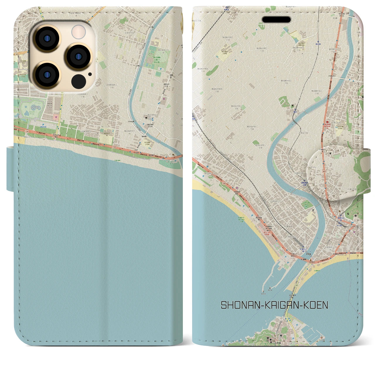 【湘南海岸公園】地図柄iPhoneケース（手帳両面タイプ・ナチュラル）iPhone 12 Pro Max 用