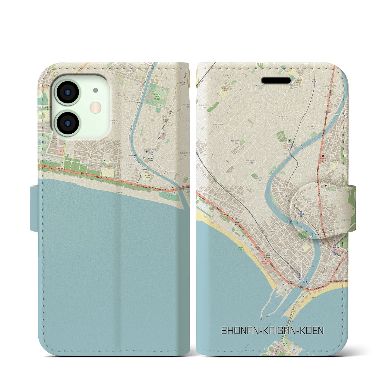 【湘南海岸公園】地図柄iPhoneケース（手帳両面タイプ・ナチュラル）iPhone 12 mini 用
