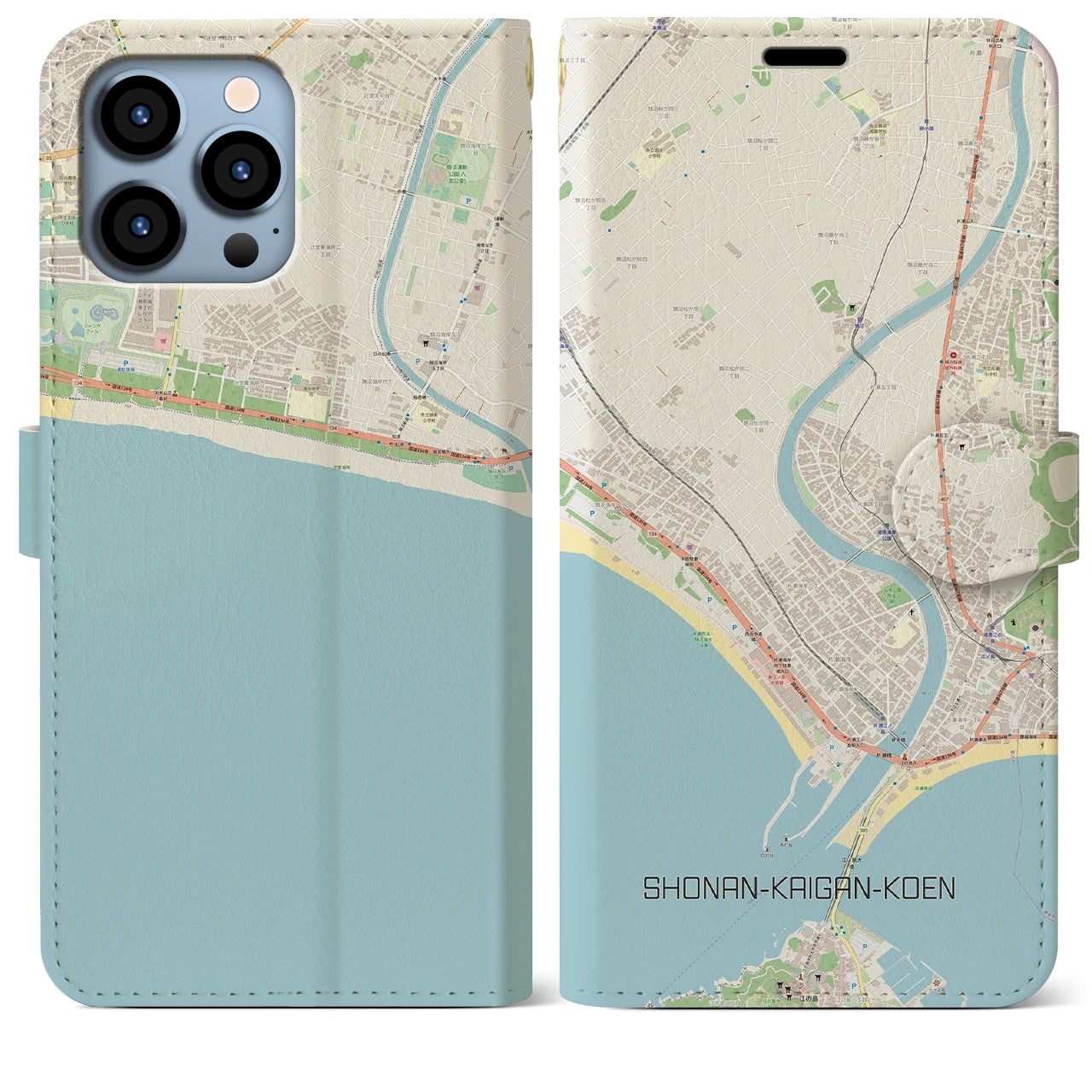 【湘南海岸公園】地図柄iPhoneケース（手帳両面タイプ・ナチュラル）iPhone 13 Pro Max 用