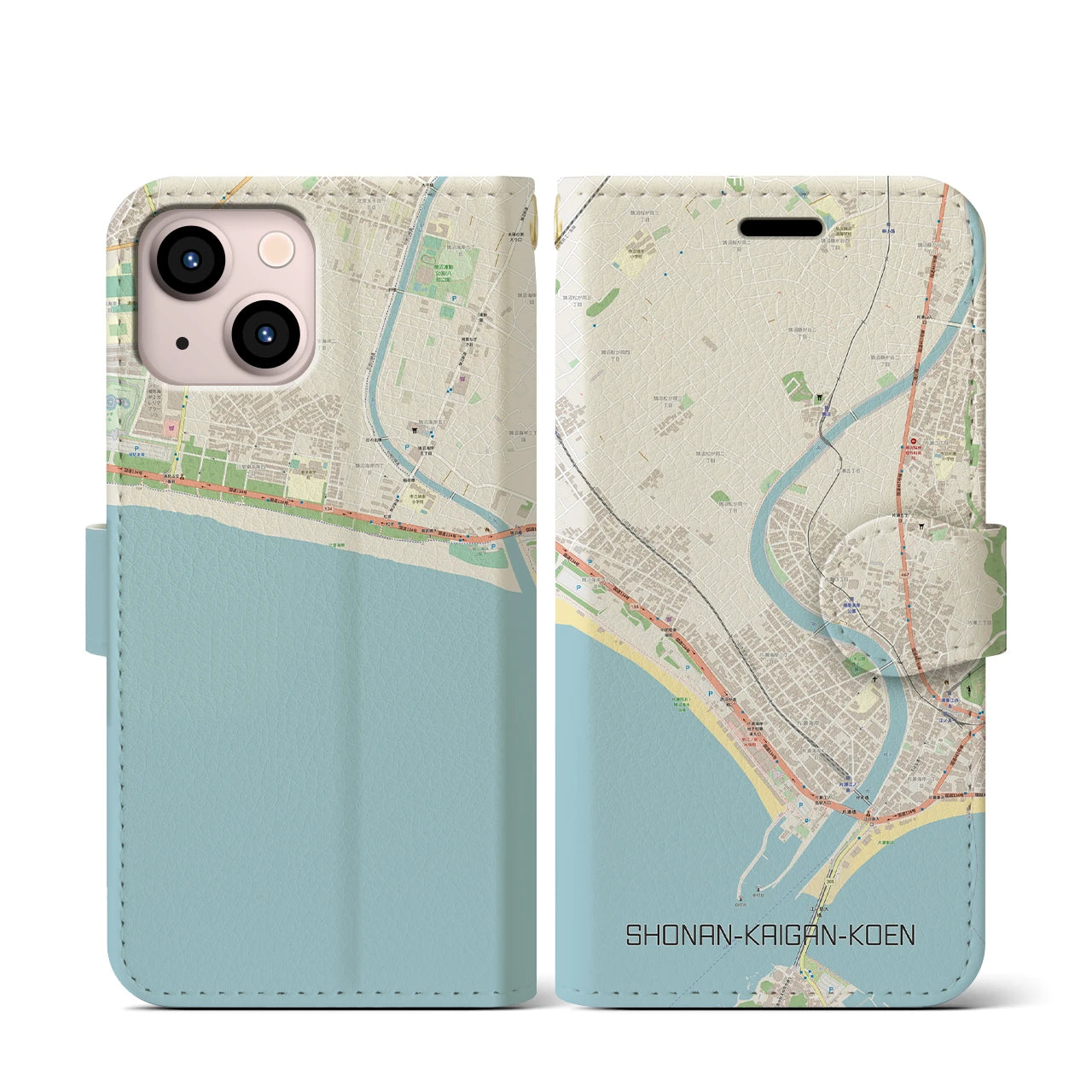 【湘南海岸公園】地図柄iPhoneケース（手帳両面タイプ・ナチュラル）iPhone 13 mini 用